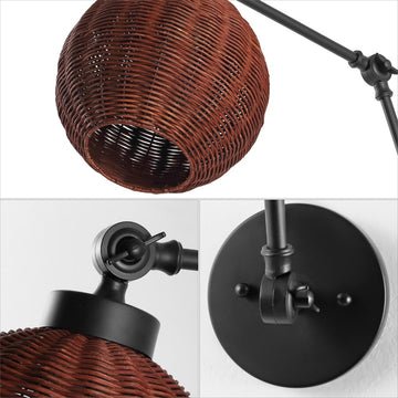 Lyla 22" 1-Light Mid-Century Vintage Rattan Globe Swing Arm LED Sconce - JONATHAN Y
